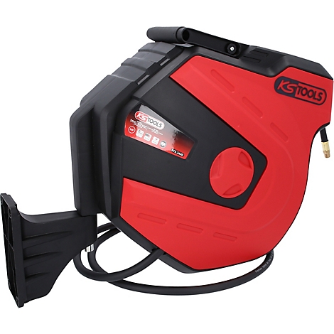 Rote und schwarze Schlauchtrommel der Marke KS TOOLS, vor weißem Hintergrund.